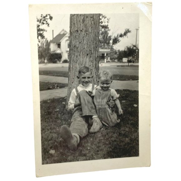 Vintage Found Photo Boys by a Tree Brothers Overalls Photograph Snapshot 1940s - Picture 2 of 4